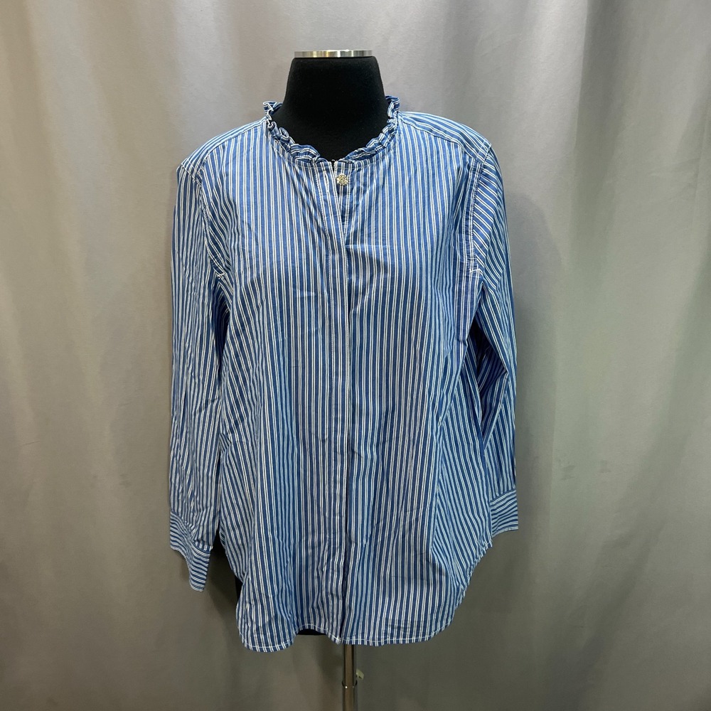 Free Assembly Shirt Womens Large Blue White Striped Cotton Classic Ruffle Neck